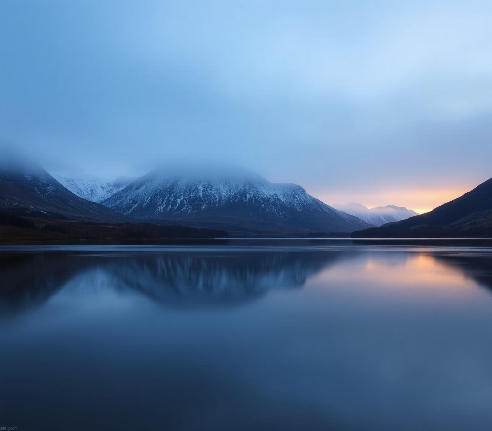 Still Highland lochan at blue hour with mountain reflection