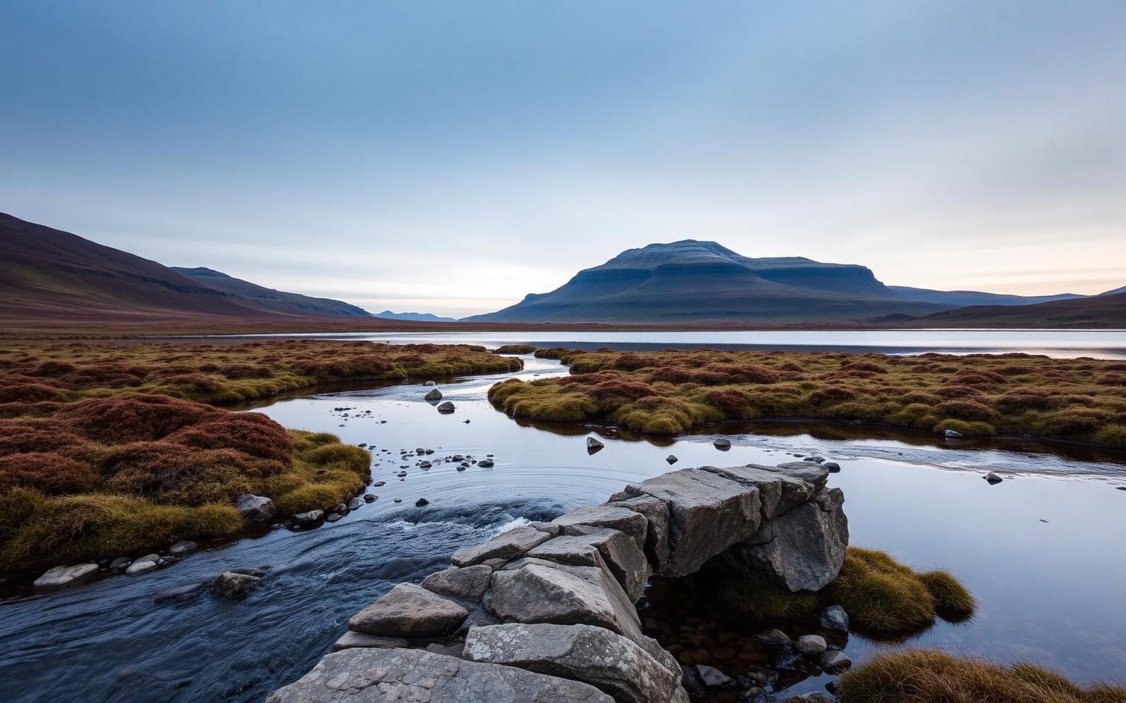 Clear Highland stream with the mountain reflected in still water
