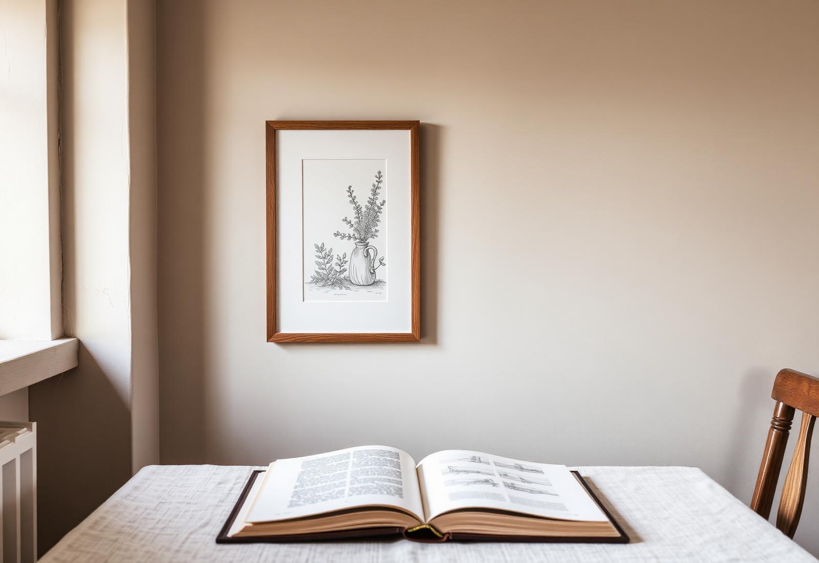 A completed illustration framed on a limewashed wall beside a book
