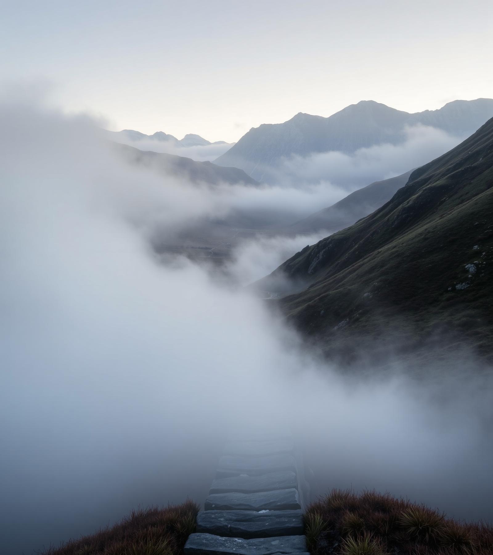 Mist drifting across a Highland glen beneath the Braeriach plateau